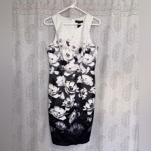 White House Black Market Black & White Floral Midi Sheath Dress Size 6